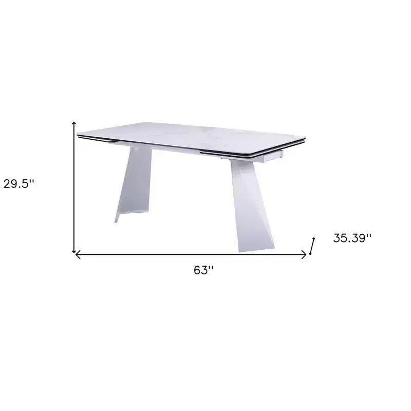 HomeRoots 63 White Ceramic and Metal Self-Storing Leaf Pedestal Base Extendable Dining Table