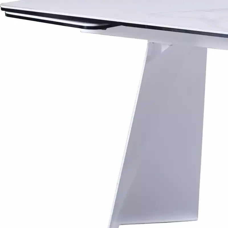 HomeRoots 63 White Ceramic and Metal Self-Storing Leaf Pedestal Base Extendable Dining Table