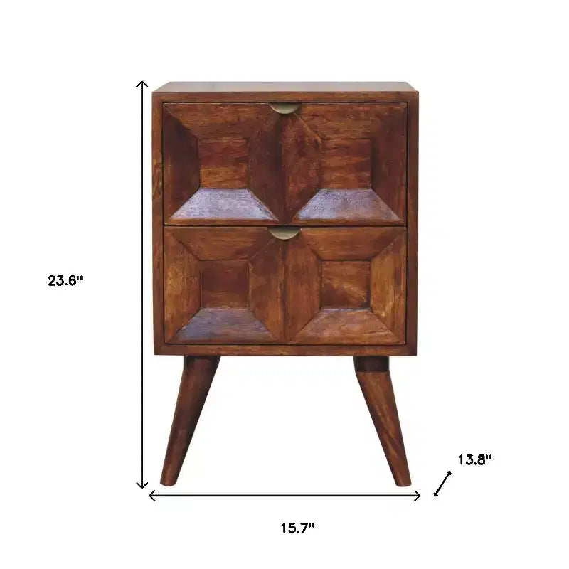 HomeRoots 24 Chestnut Solid Wood Square Carved Geometric Two Drawer Nightstand