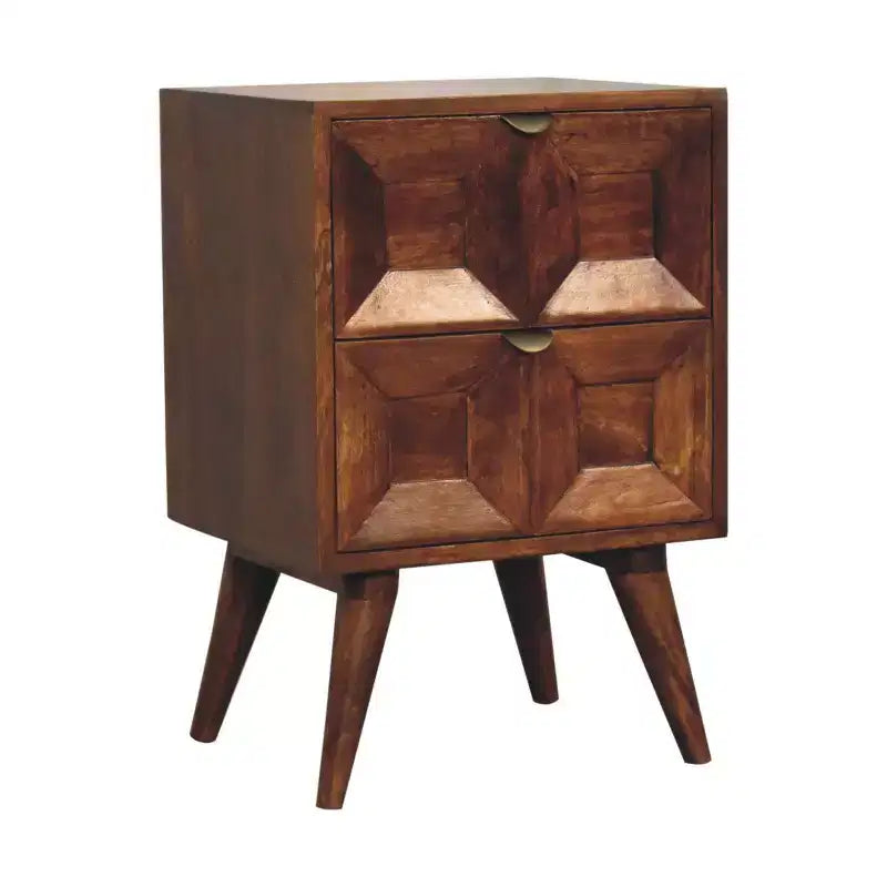 HomeRoots 24 Chestnut Solid Wood Square Carved Geometric Two Drawer Nightstand